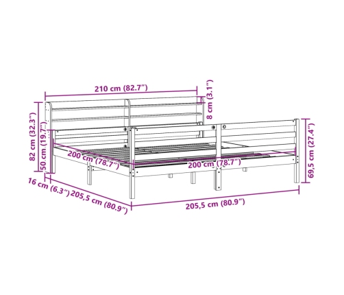 Estructura de cama con cabecero madera maciza de pino 200x200cm