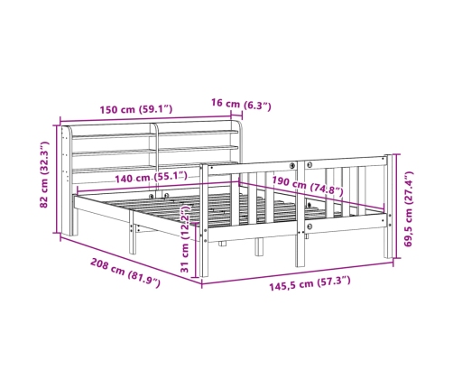 Estructura de cama con cabecero madera maciza pino 140x190 cm