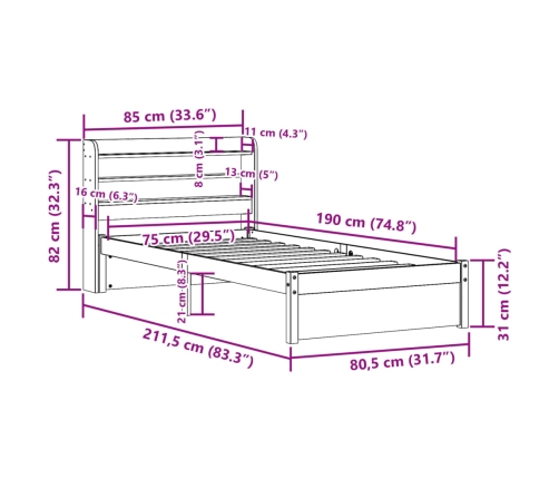 Estructura de cama con cabecero madera pino blanco 75x190 cm