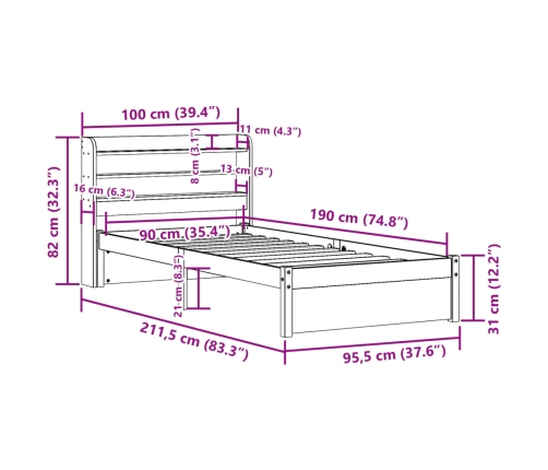 Estructura de cama con cabecero madera maciza pino 90x190 cm