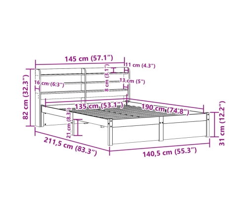 Estructura de cama con cabecero madera maciza pino 135x190 cm