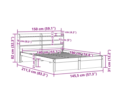 Estructura de cama con cabecero madera maciza pino 140x190 cm