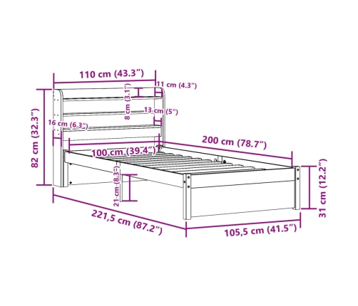 Estructura de cama con cabecero madera maciza pino 100x200 cm