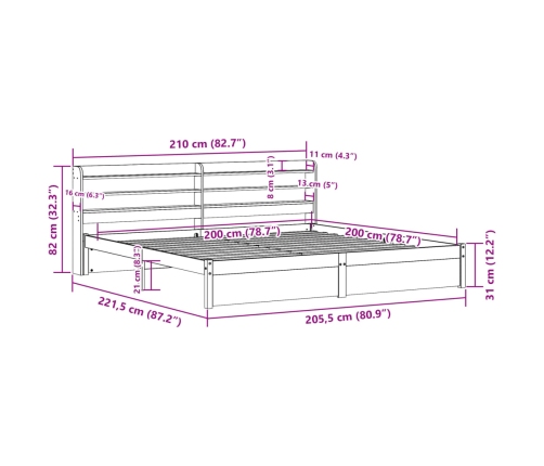 Estructura de cama con cabecero madera maciza de pino 200x200cm