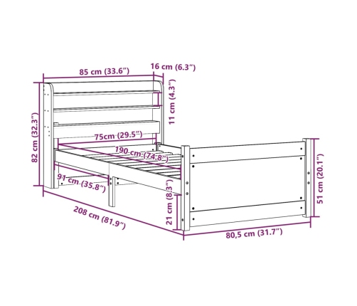 Estructura de cama con cabecero madera maciza pino 75x190 cm