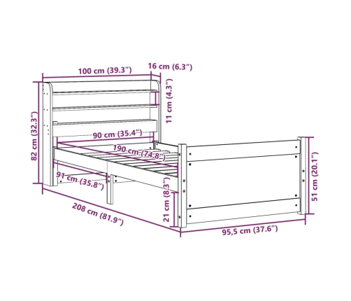 Estructura de cama con cabecero madera maciza pino 90x190 cm
