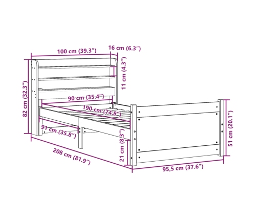 Estructura de cama con cabecero sin colchón blanco 90x190 cm