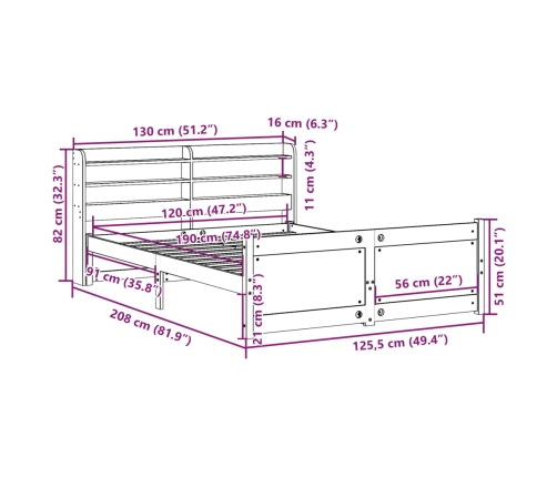 Estructura de cama con cabecero madera maciza pino 120x190 cm