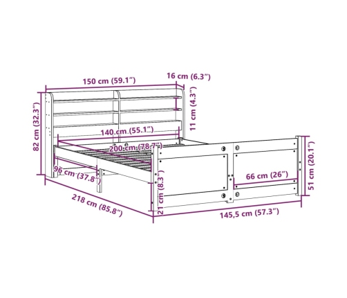 Estructura de cama con cabecero madera maciza pino 140x200 cm