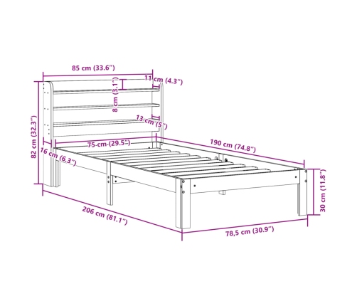 Estructura de cama con cabecero madera maciza pino 75x190 cm