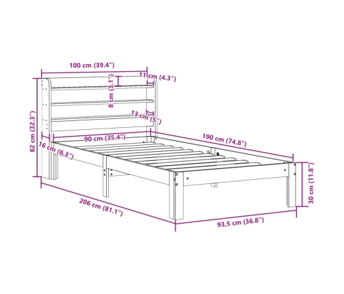 Estructura de cama con cabecero madera maciza pino 90x190 cm