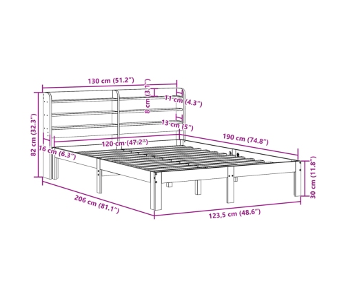 Estructura de cama con cabecero madera maciza pino 120x190 cm