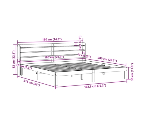 Estructura de cama con cabecero madera maciza pino 180x200 cm