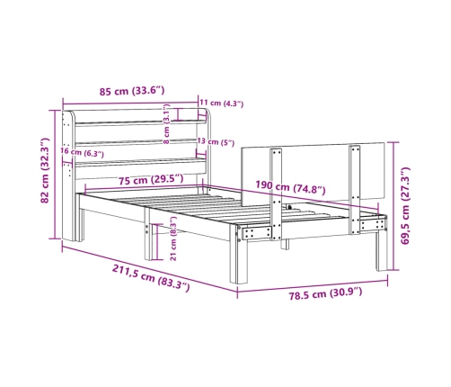 Estructura de cama con cabecero madera maciza pino 75x190 cm