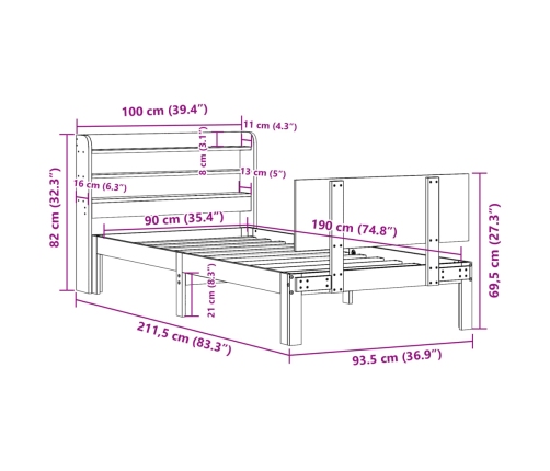 Estructura de cama con cabecero madera maciza pino 90x190 cm