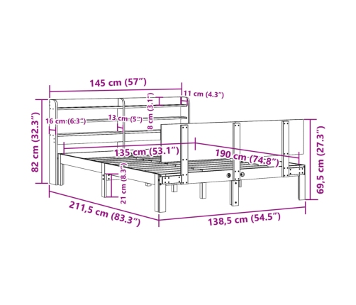 Estructura de cama con cabecero madera maciza pino 135x190 cm