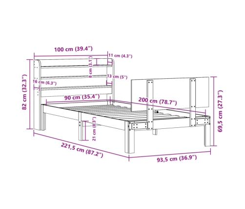 Estructura de cama con cabecero madera maciza de pino 90x200 cm