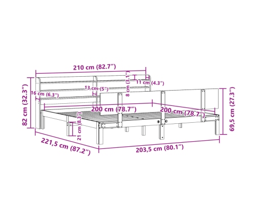 Estructura de cama con cabecero madera maciza de pino 200x200cm