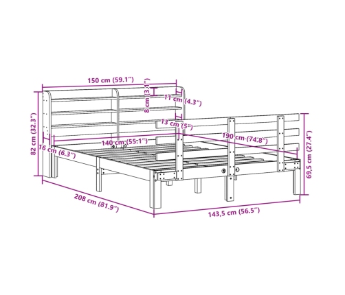 Estructura de cama con cabecero madera maciza pino 140x190 cm