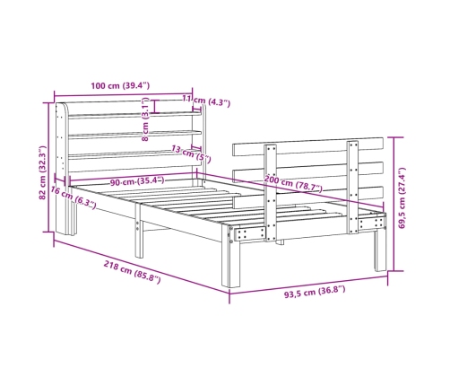 Estructura de cama con cabecero madera maciza de pino 90x200 cm