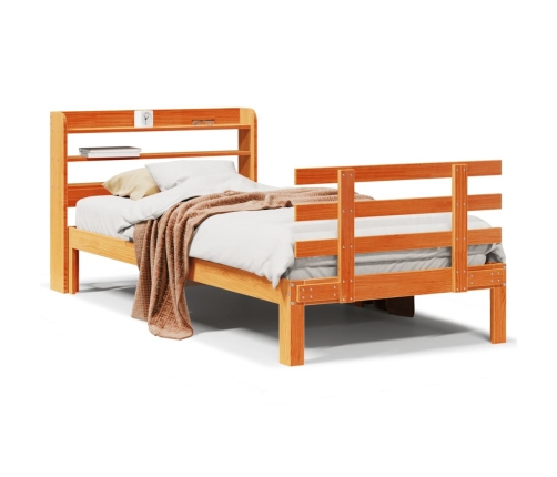 Estructura cama con cabecero madera pino marrón cera 75x190 cm