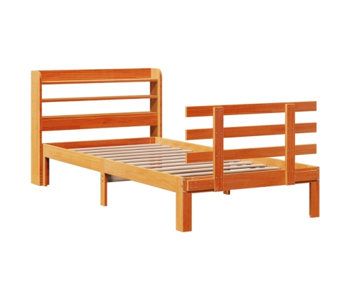 Estructura cama con cabecero madera pino marrón cera 75x190 cm