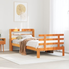 Estructura cama con cabecero madera pino marrón cera 75x190 cm