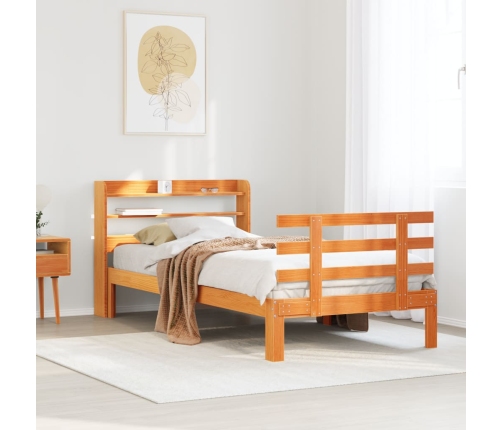 Estructura cama con cabecero madera pino marrón cera 75x190 cm