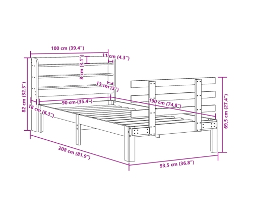 Estructura cama con cabecero madera pino marrón cera 90x190 cm