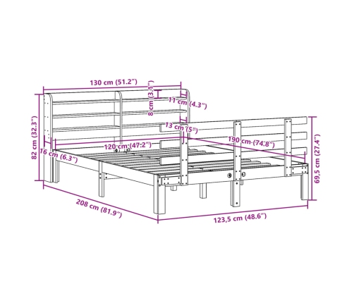 Estructura cama con cabecero madera pino marrón cera 120x190 cm