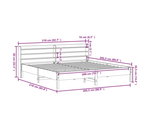 Estructura de cama sin colchón madera maciza de pino 200x200 cm