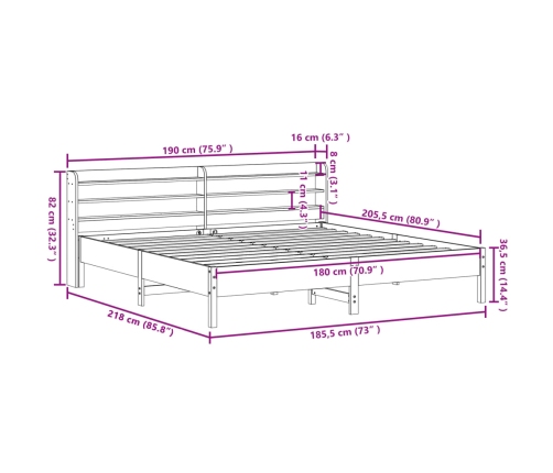 Estructura de cama sin colchón madera maciza de pino 180x200 cm