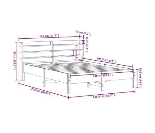 Estructura de cama sin colchón madera maciza marrón 135x190 cm