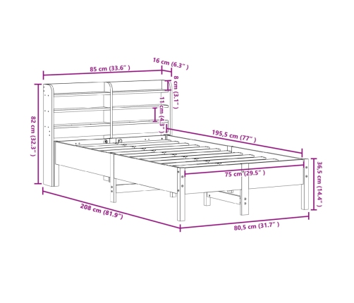 Estructura de cama sin colchón madera maciza pino 75x190 cm