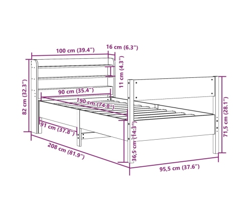 Estructura de cama sin colchón madera maciza marrón 90x190 cm