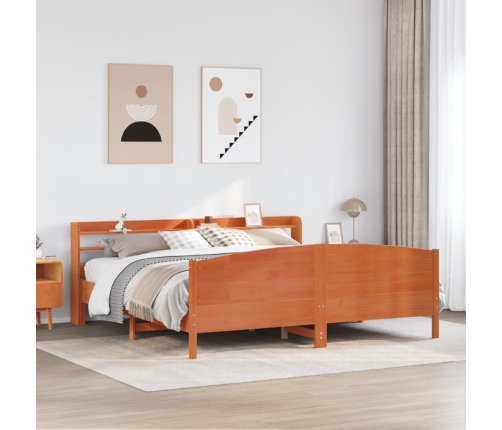 Cama sin colchón madera maciza de pino marrón cera 200x200 cm