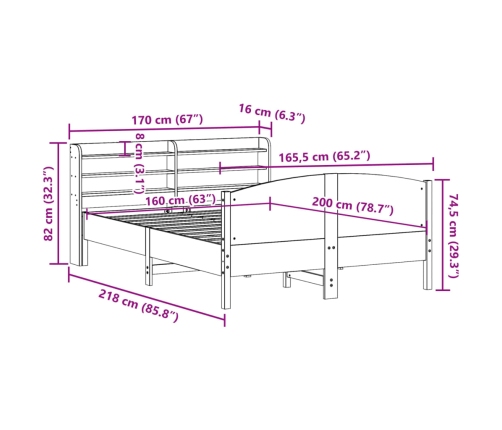 Estructura de cama sin colchón madera maciza de pino 160x200 cm