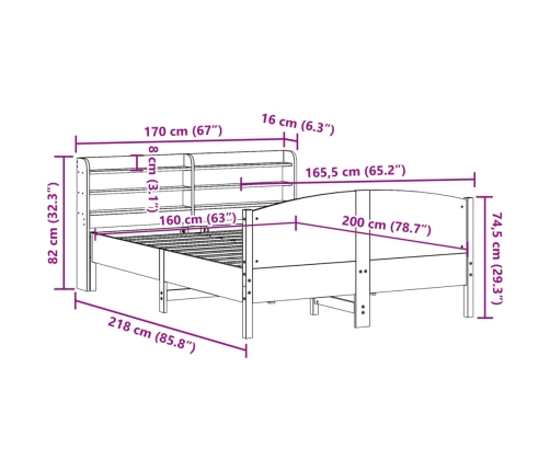 Cama sin colchón madera maciza de pino marrón cera 160x200 cm