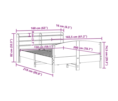 Cama sin colchón madera maciza pino marrón cera 150x200 cm