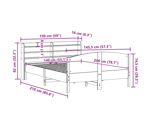 Cama sin colchón madera maciza de pino marrón cera 140x200 cm