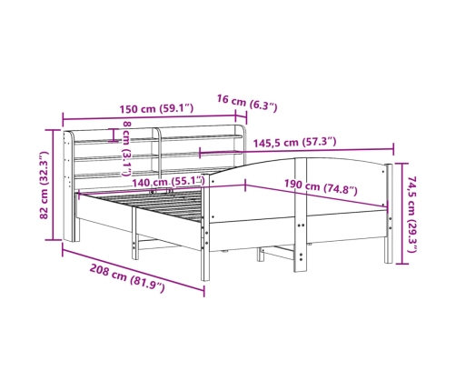 Estructura de cama sin colchón madera maciza de pino 140x190 cm