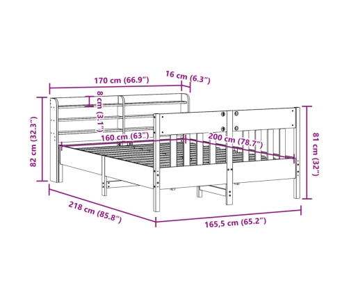 Cama sin colchón madera maciza de pino marrón cera 160x200 cm