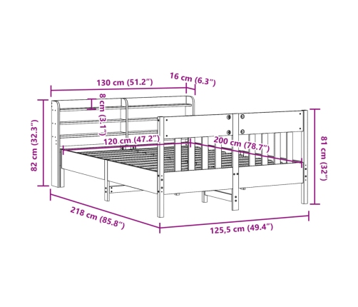 Cama sin colchón madera maciza de pino marrón cera 120x200 cm