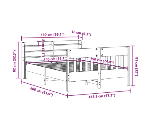 Cama sin colchón madera maciza de pino marrón cera 140x190 cm