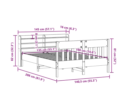 Estructura de cama sin colchón madera maciza de pino 135x190 cm