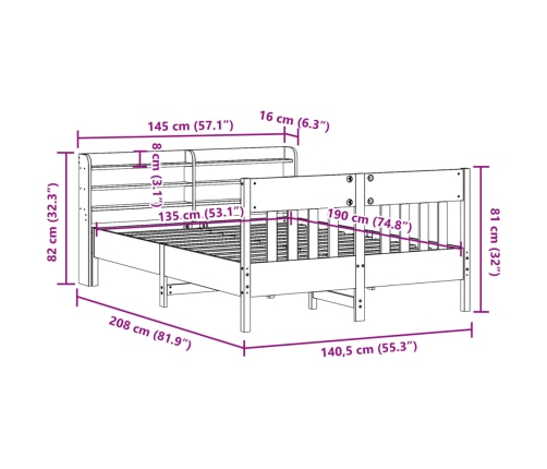 Estructura de cama sin colchón madera maciza marrón 135x190 cm