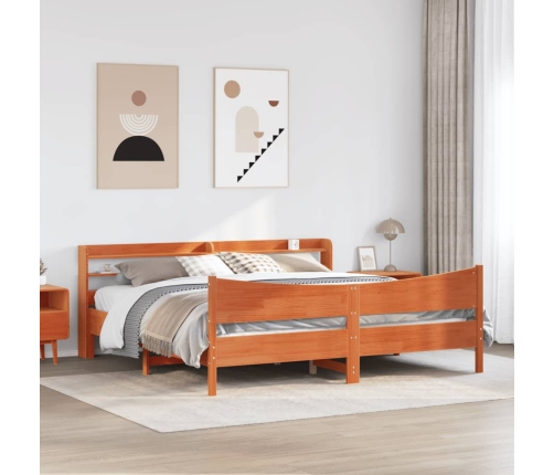 Estructura cama con cabecero madera pino marrón cera 200x200 cm