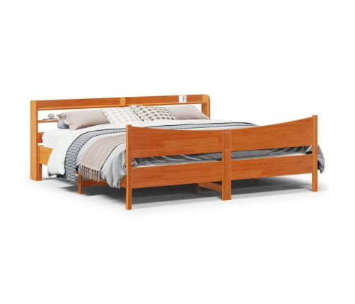 Estructura cama con cabecero madera pino marrón cera 200x200 cm