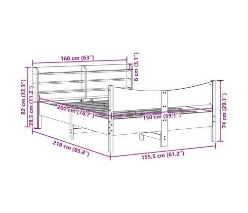 Estructura cama con cabecero madera pino marrón cera 150x200 cm