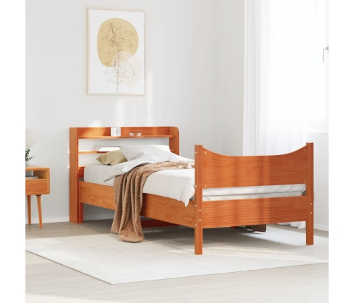 Estructura cama con cabecero madera pino marrón cera 100x200 cm